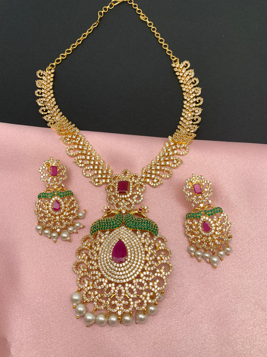 AD Red Stone Peacock Pendent Golden Finish Short Necklace