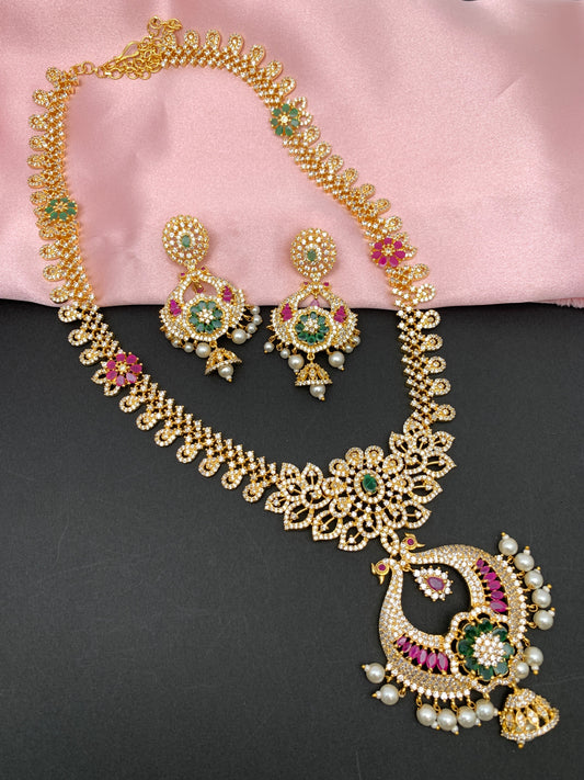 AD Red Green Stone Peacock Chandbali Design Golden Finish Long Necklace