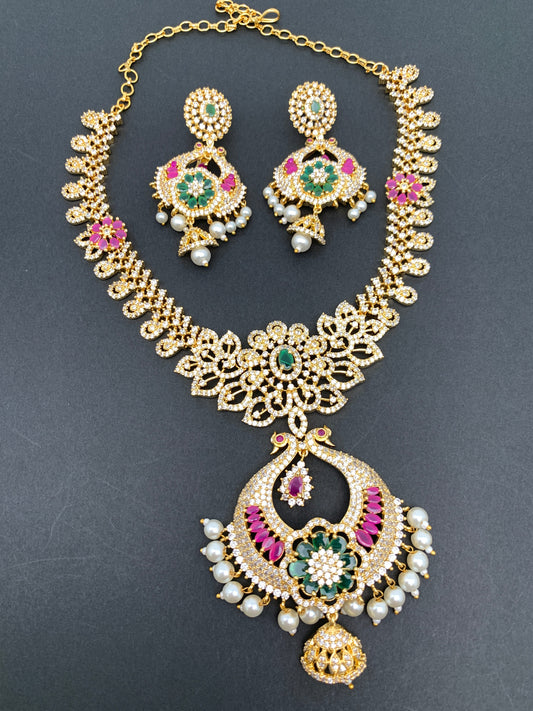 AD Red Green Stone Peacock Chandbali Design Golden Finish Short Necklace