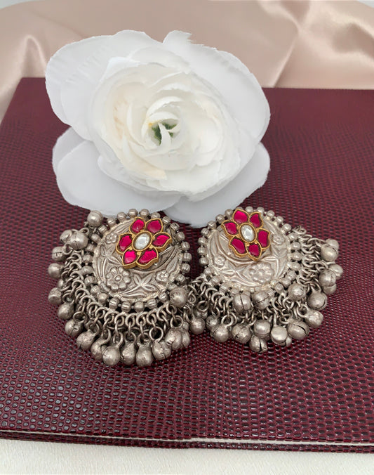 German Silver 92.5 Silver Polish Red Stone Studs with Ghungru