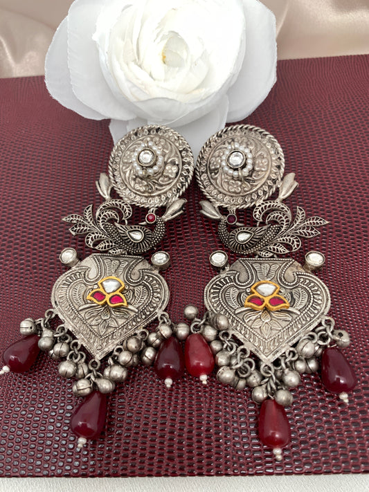 German Silver 92.5 Silver Polish Red Stone Peacok Earrings with Ghungru