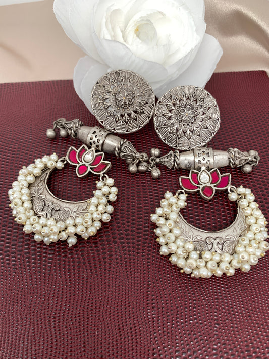 German Silver 92.5 Silver Polish Red Stone Lotus Pearls Earrings