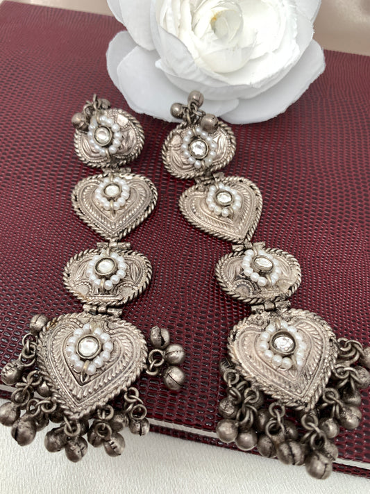German Silver 92.5 Silver Polish Clear Stone Heart Pattern Earrings with Ghungru