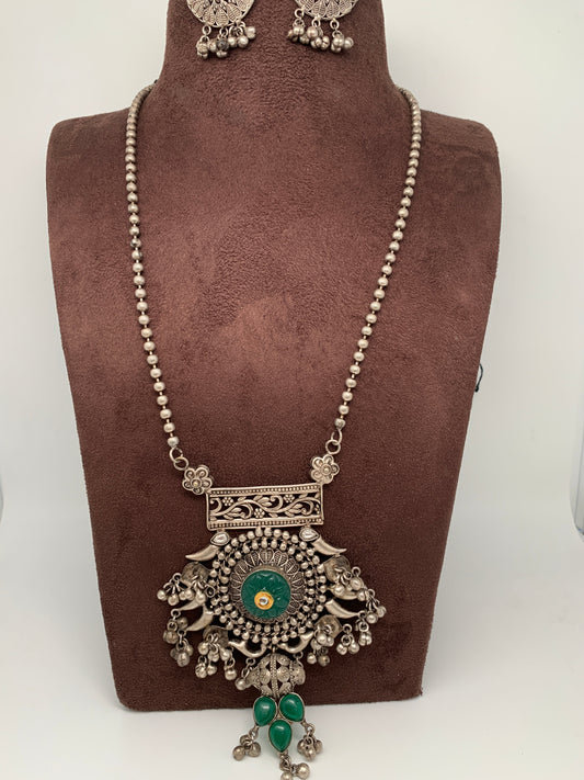 German Silver 92.5 Silver Polish Green Carved Stone Large Pendent with Ghungru and Pearls Long Necklace