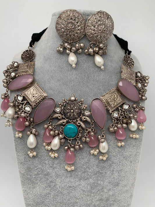 German Silver 92.5 Silver Pink Big Stones Around Neck Necklace with Ghungru and Pearls