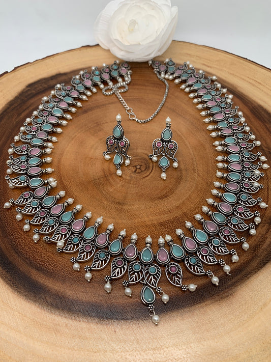 Long Mango Mala With Aqua and Pink Stones