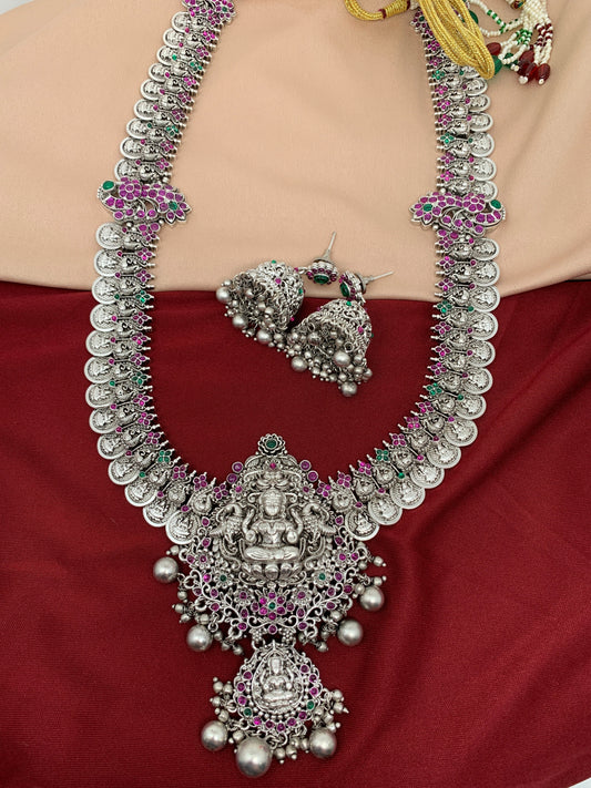 Goddess Lakshmi and Peacock German Silver 92.5 Silver Coated Long Necklace with Jhumka