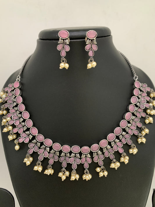 Pink Stone Oxidized German Silver Neckline Necklace