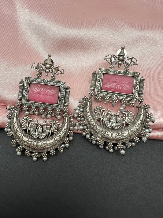 Chandbali AD Color Carved Stone Oxidized German Silver Earrings - Pink