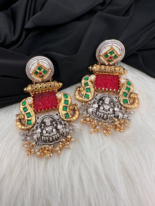 Goddess Lakshmi Red Green Jadau Kundan Oxidized German Silver Jhumki Earrings