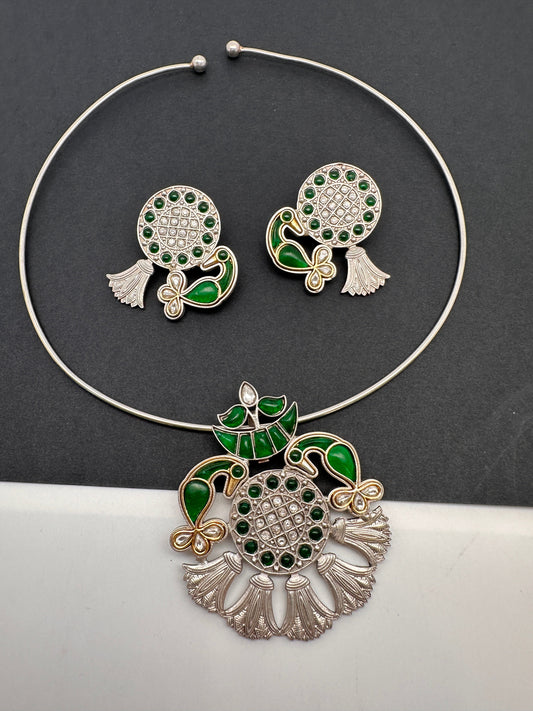 Kundan German Silver Oxidized Hasli Necklace - Green