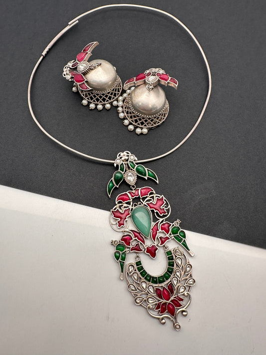 Kundan German Silver Oxidized Silver Replica Hasli Necklace - Red
