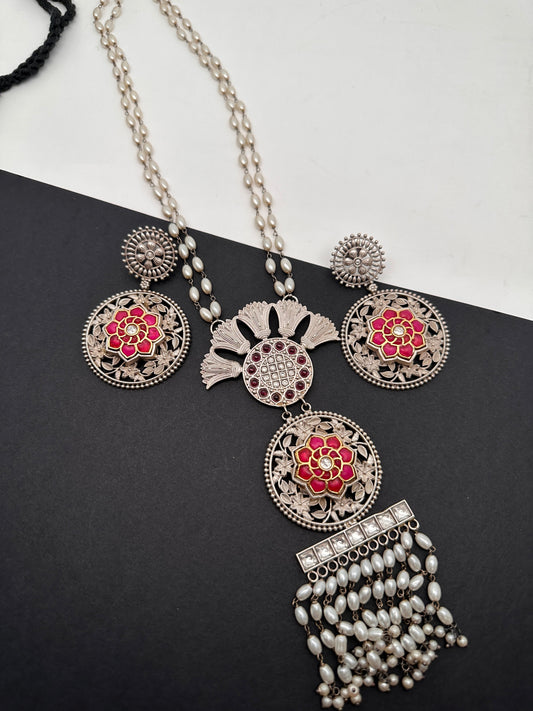 Kundan German Silver Oxidized Silver Replica Color Stone Necklace Set - Red