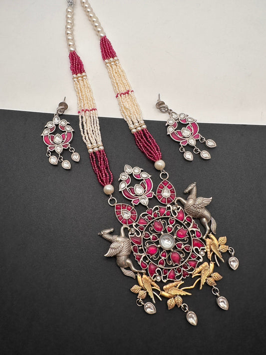 Kundan German Silver Oxidized Silver Replica Dual Tone Color Stone Pearls Beads Rani Haar Necklace Set - Pink