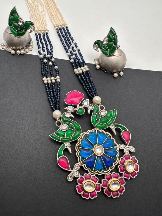 Kundan German Silver Oxidized Silver Replica Peacock Design Blue Green Stone Pearls Beads Rani Haar Necklace Set