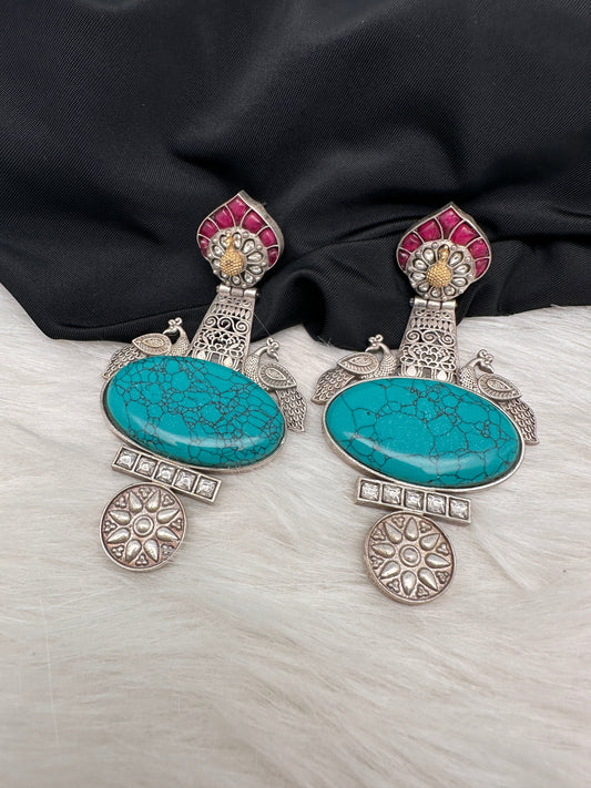 Peacock Color Stone German Silver Oxidized Earrings - Turquoise