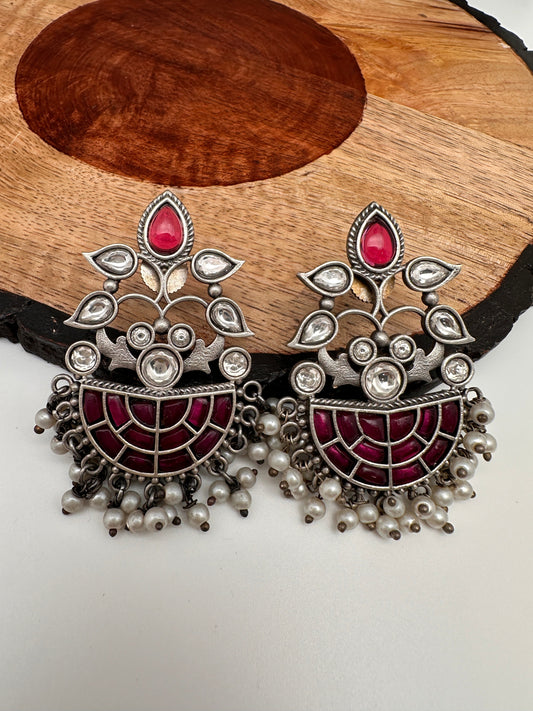 Kundan Color Stone German Silver Oxidized Earrings - Red