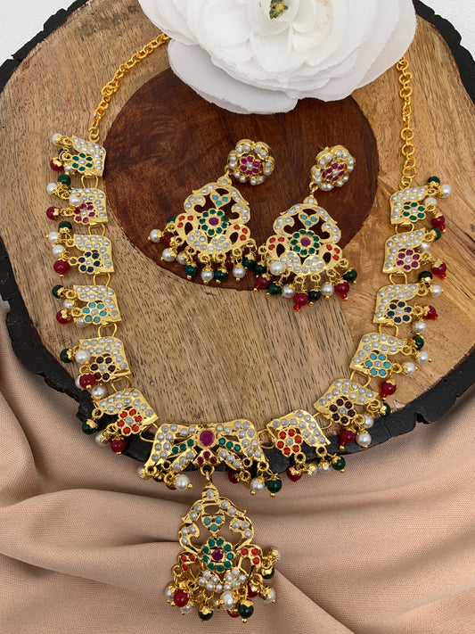 Hyderabadi Jadau Navratan Short Necklace