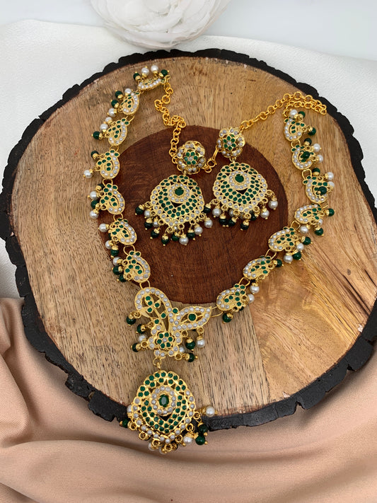 Hyderabadi Jadau Green Stone Green Beads and Pearls Short Necklace