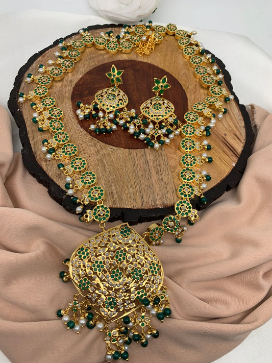 Hyderabadi Jadau Green Stone Green Beads and Pearls Long Necklace