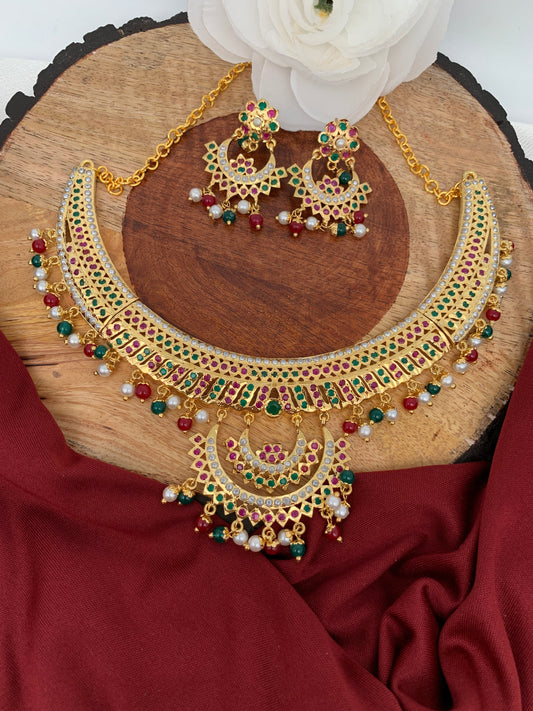 Hyderabadi Jadau Red Green Stones Beads Stiff Chandbali Short Necklace