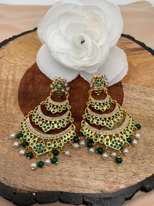Hyderabadi Jadau Green Stones Green Beads Multi Layer Chandbali Earrings