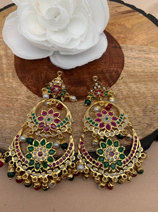 Hyderabadi Jadau Multi Stones Multi Beads Double Layer Chandbali Earrings