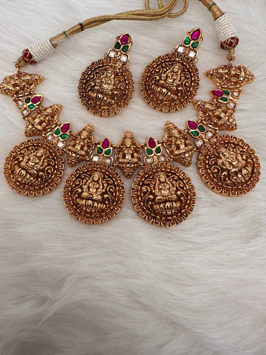 Goddess Lakshmi Nakshi Pink Green Jadau Kundan Neckline Necklace