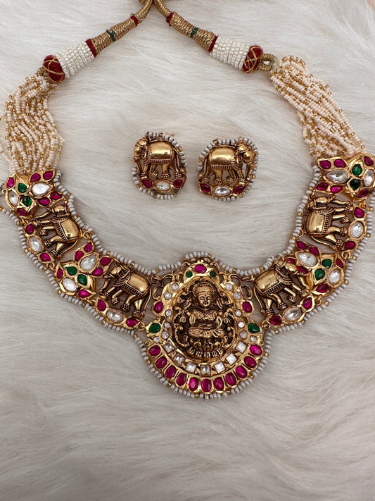 Goddess Lakshmi Elephant Nakshi Pink Green Jadau Kundan Neckline Necklace
