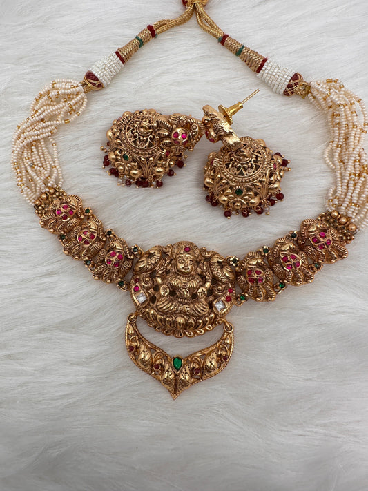 Goddess Lakshmi Nakshi Red Green Jadau Kundan Neckline Necklace