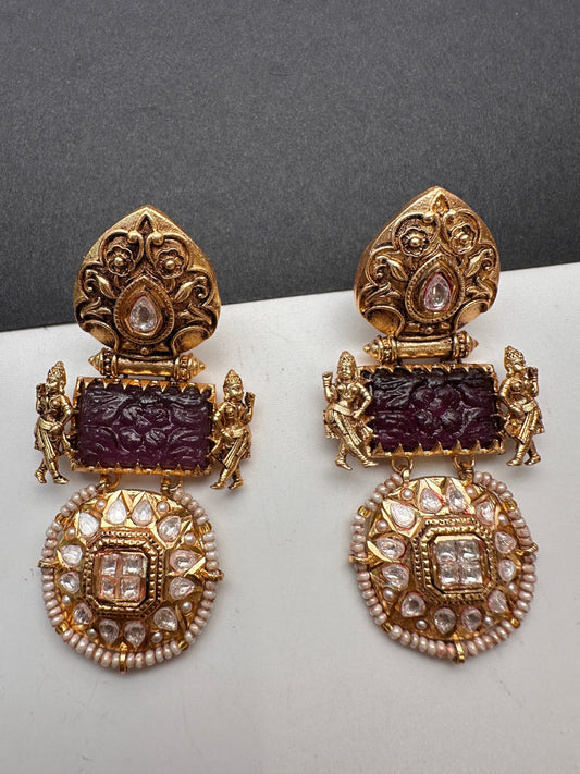 Jadau Kundan Color Carved Stone Earrings - Purple