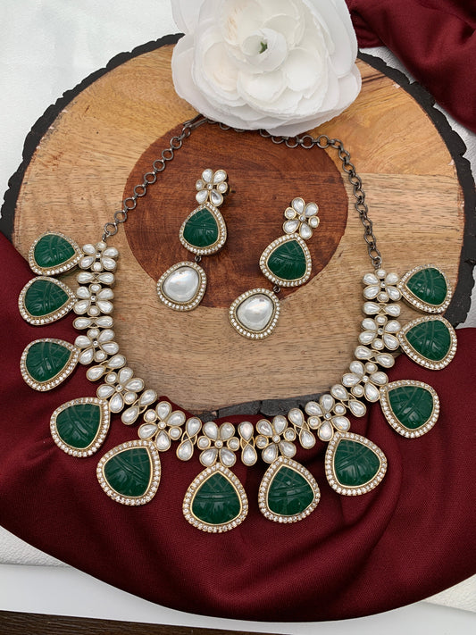 Kundan Green Carved Stone Necklace