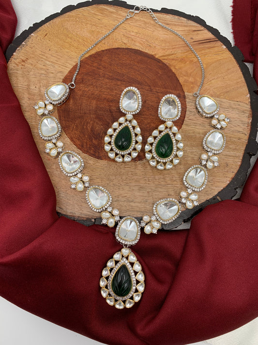 Uncut Diamond Polki Kundan Green Carved Stone Silver Polish Short Necklace
