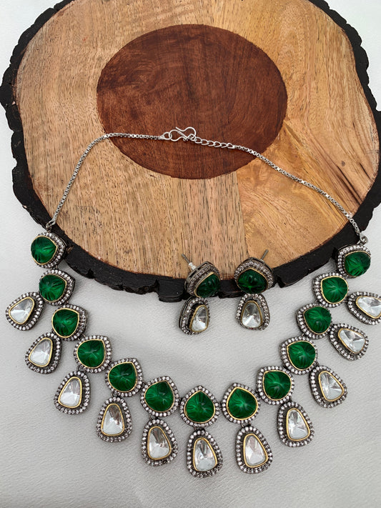 Moissanite Polki Green Carved Stone Victorian Silver Polish Short Necklace
