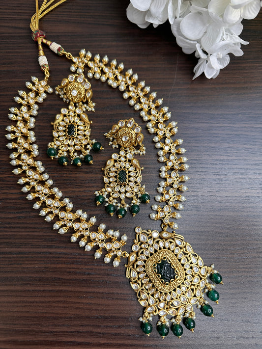 Kundan GreenStone Pearl Long Necklace