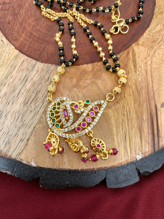 Peacock AD Golden Black Beads Red Green Stone Mangalsutra