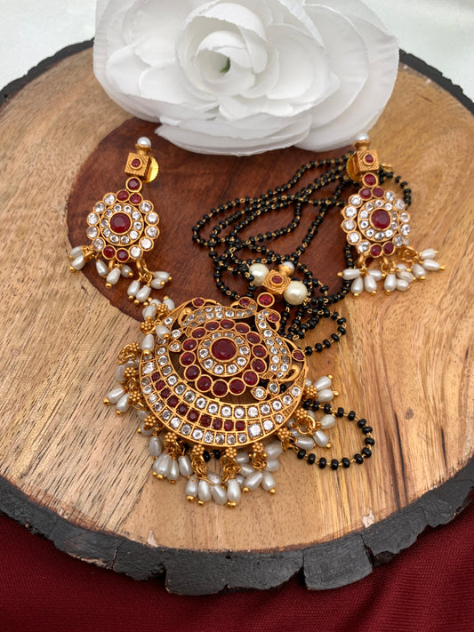 AD Red Stone Black Beads Mangalsutra