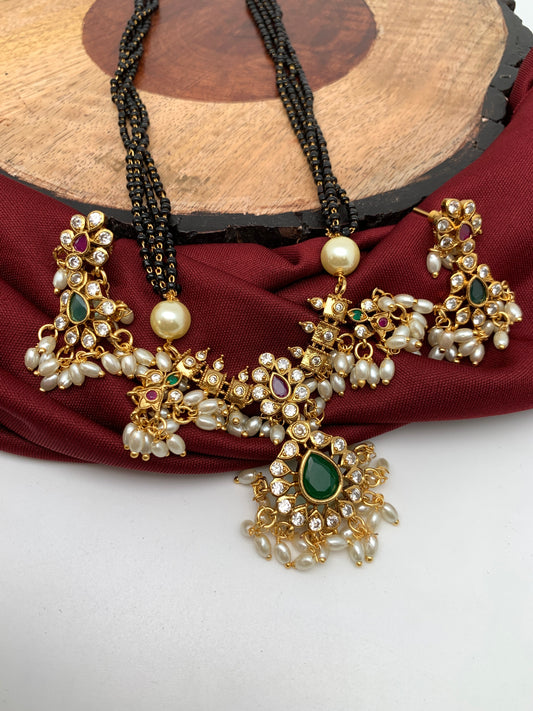 Four Line Guttapusalu CZ Red Green Stone and Pearls Mangalsutra