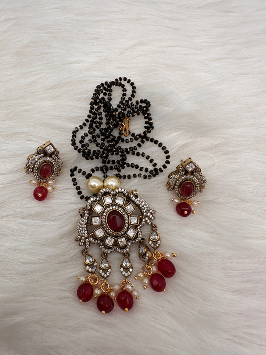Peacock Color Stone Color Beads Mangalsutra Necklace - Red