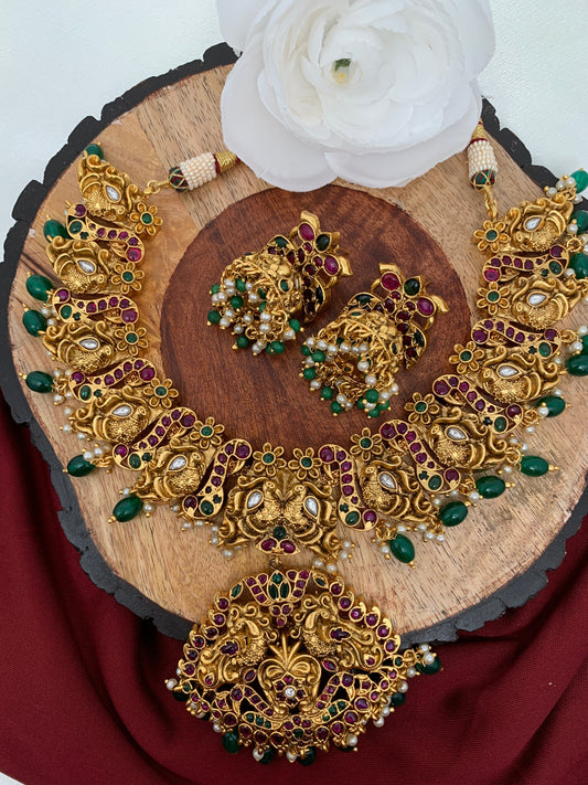 Peacock Floral Nakshi Green Beads Short Necklace