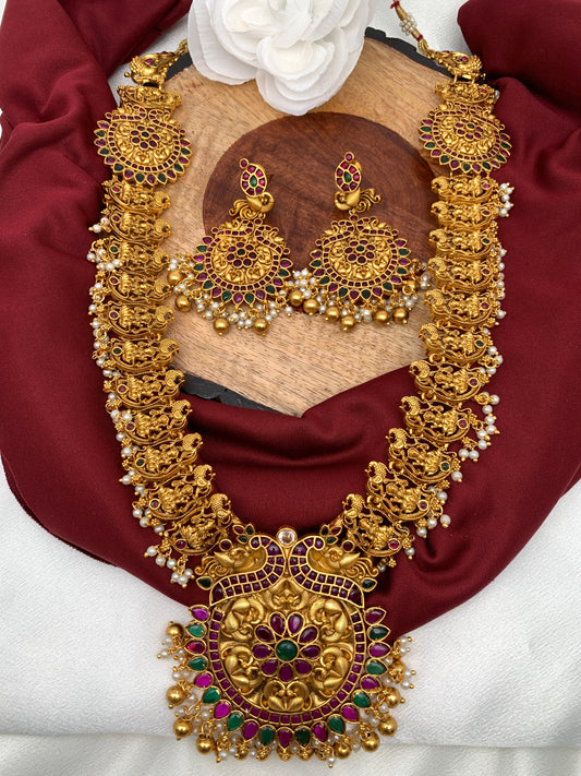 Goddess Lakshmi Floral Red Green Stone Nakshi Long Necklace