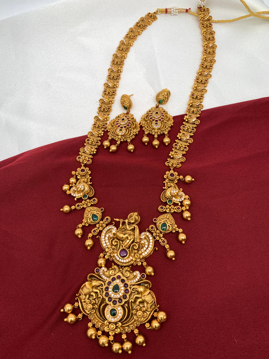 Lord Krishna Nakshi Elephant Design Matter Finish Long Necklace
