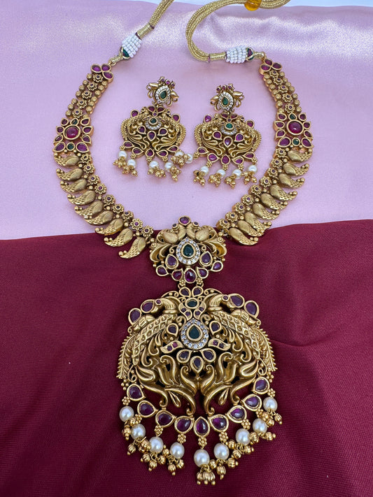 Peacock Pendent Mango Links Red Stone Nakshi Short Necklace