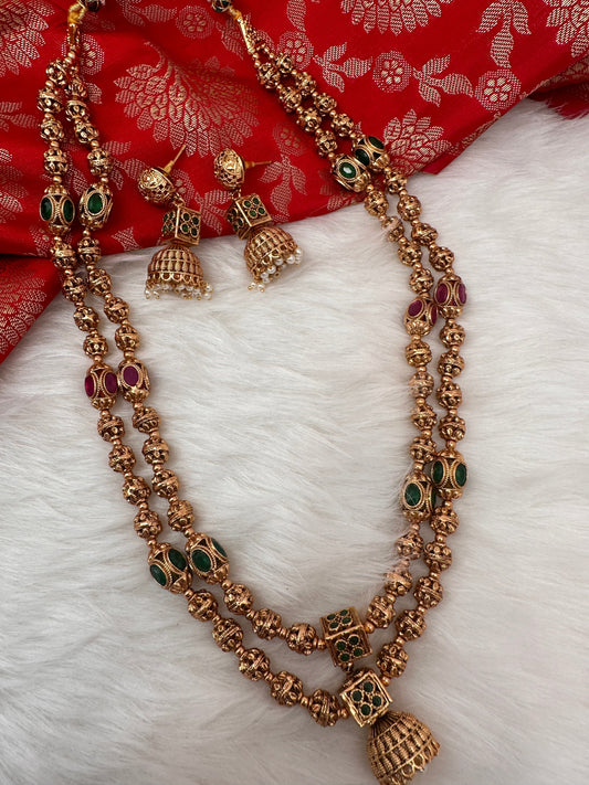 Golden Nakshi Ball Red Green Stone Two Line Necklace