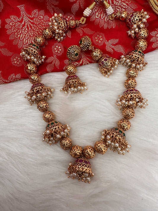 Golden Nakshi Ball Red Green Stone Jhumki Design Necklace