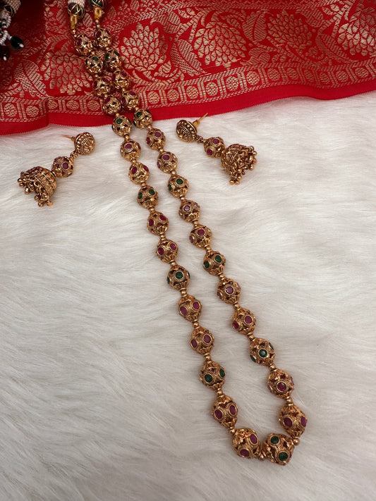 Golden Nakshi Ball Red Green Stone Necklace