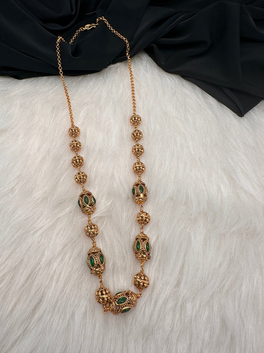 Golden Nakshi Ball Color Stone Necklace - Green