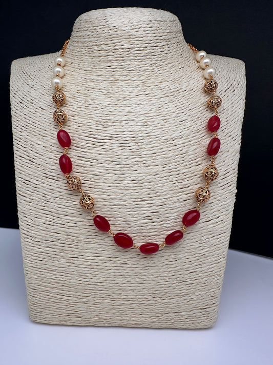 Golden Nakshi Ball Color Stone Necklace - Red