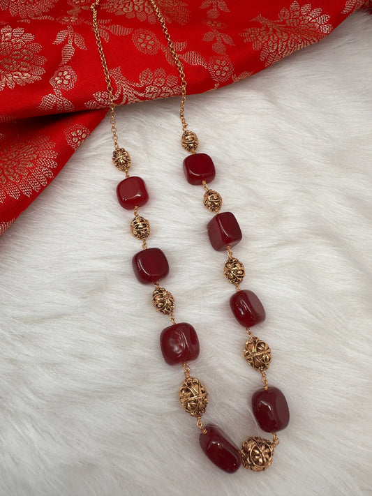 Golden Nakshi Ball Big Color Stone Necklace - Red