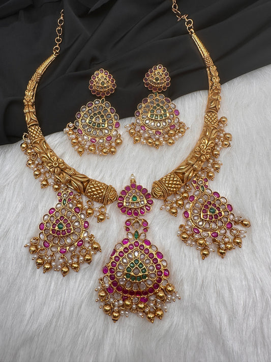 Kanthi Style CZ Red Stone Short Nakshi Necklace Set